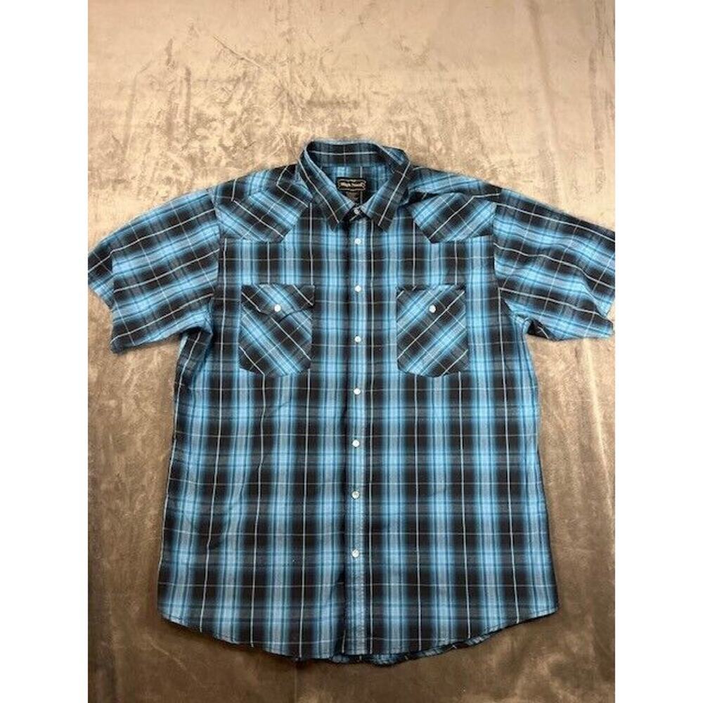 High Noon Western Shirt Mens XLARGE XL Pearl Snap Blue-brown Plaid‎ Short Sleeve